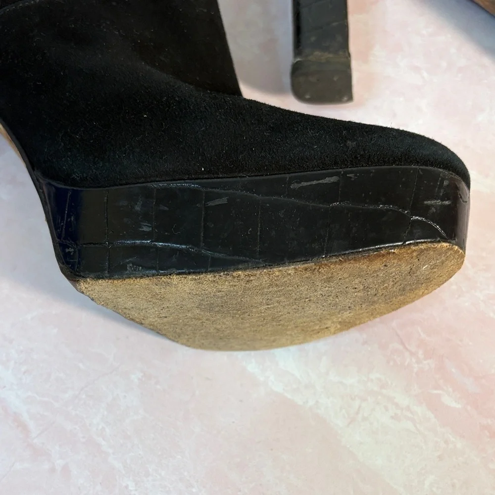 Via Spiga Genuine Leather & Suede Black Ankle Platform Heeled Booties, Side Zip